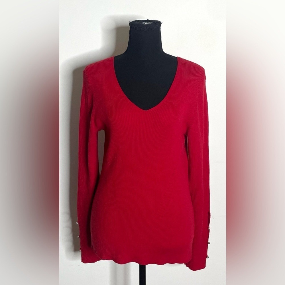 Ann Taylor- Bold‎ Red V-Neck Sweater with Pearls on the Sleeves Size L - Picture 2 of 10